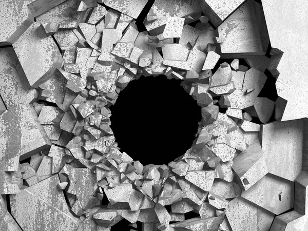 Dark cracked broken hole in concrete wall. Grunge background. 3d render illustration