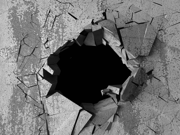 Dark cracked broken hole in concrete wall. Grunge background. 3d render illustration