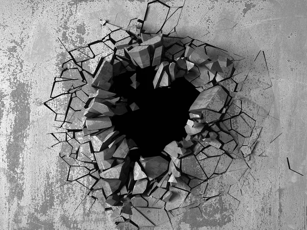 Dark cracked broken hole in concrete wall. Grunge background. 3d render illustration