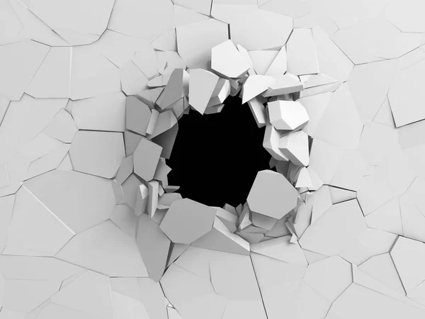 Dark destruction cracked hole in white stone wall. 3d render illustration