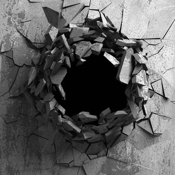 Dark cracked broken hole in concrete wall. Grunge background. 3d render illustration