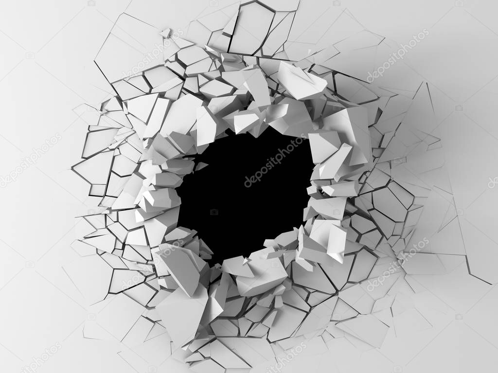 Dark destruction cracked hole in white stone wall. 3d render illustration