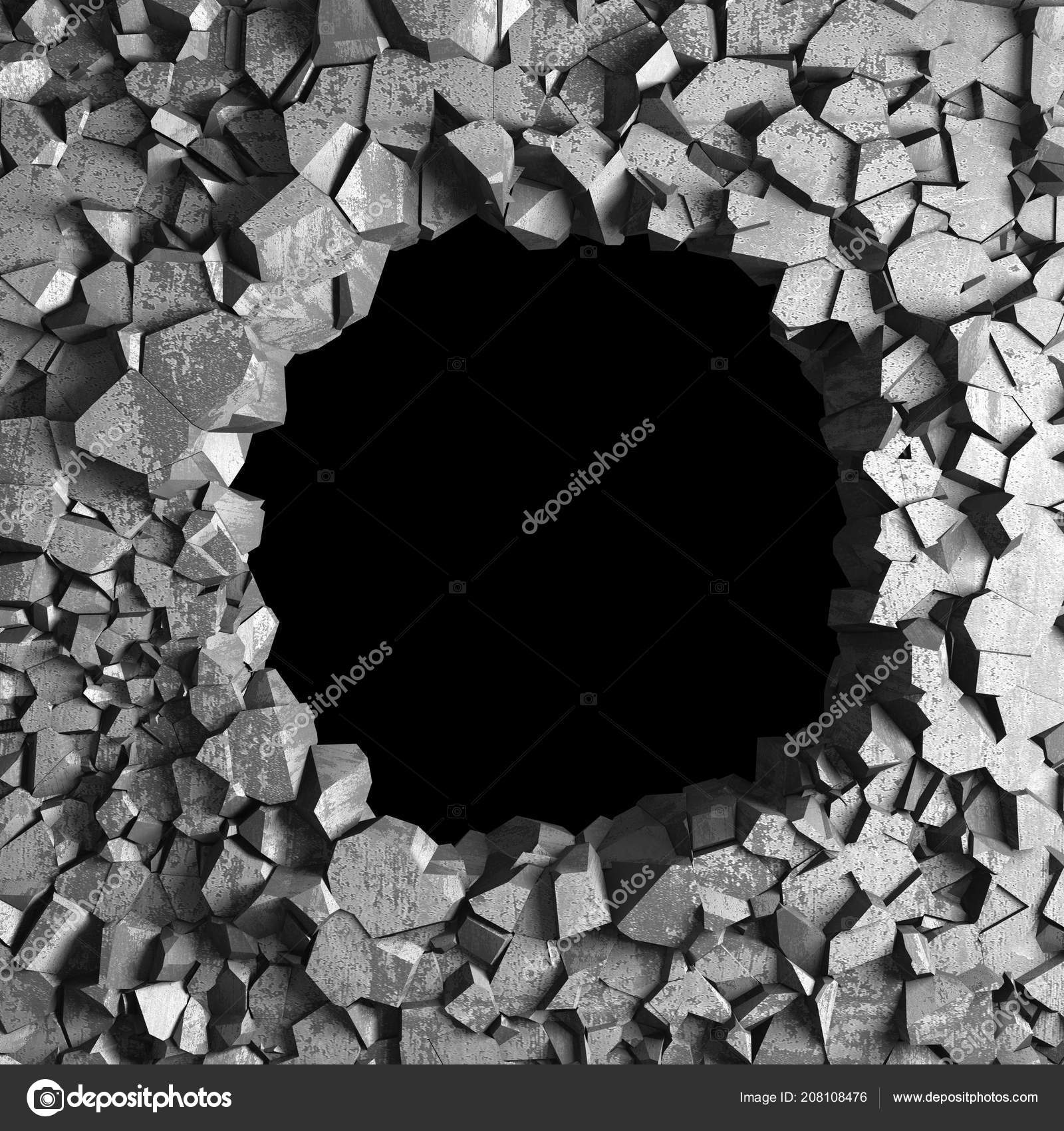 Dark Cracked Broken Hole Concrete Wall Grunge Background Render