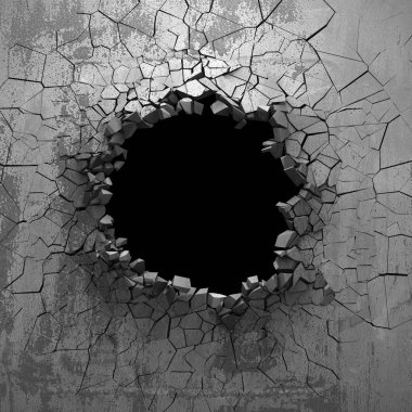 Dark cracked broken hole in concrete wall. Grunge background. 3d render illustration clipart