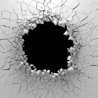 Karanlık imha beyaz taş duvarı kırık. 3D render illüstrasyon