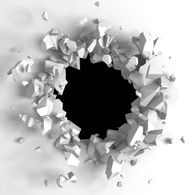 Dark destruction cracked hole in white stone wall. 3d render illustration clipart