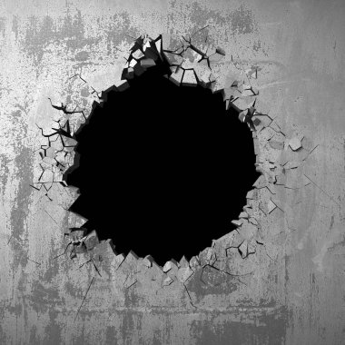 Karanlık kırık beton duvara delik kırık. Grunge arka plan. 3D render illüstrasyon