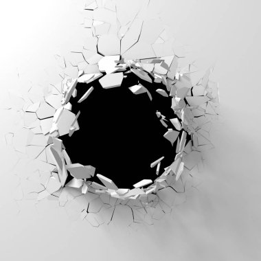 Karanlık imha beyaz taş duvarı kırık. 3D render illüstrasyon