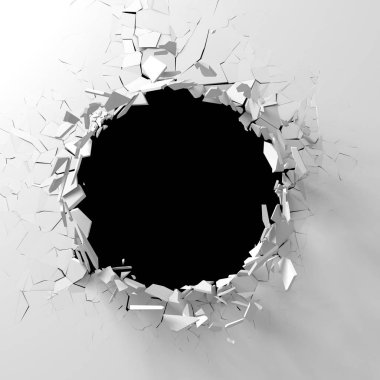 Karanlık imha beyaz taş duvarı kırık. 3D render illüstrasyon