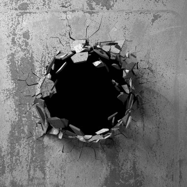 Karanlık kırık beton duvara delik kırık. Grunge arka plan. 3D render illüstrasyon