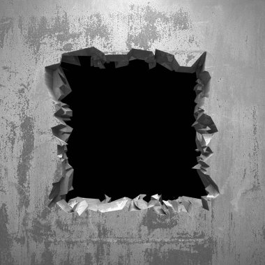 Karanlık kırık beton duvara delik kırık. Grunge arka plan. 3D render illüstrasyon