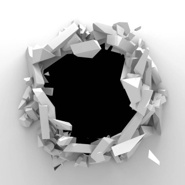 Karanlık imha beyaz taş duvarı kırık. 3D render illüstrasyon