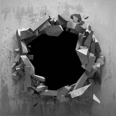 Karanlık kırık beton duvara delik kırık. Grunge arka plan. 3D render illüstrasyon