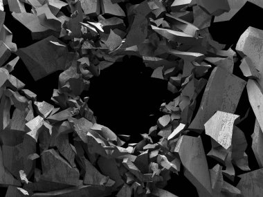 Karanlık kırık beton duvara delik kırık. Grunge arka plan. 3D render illüstrasyon