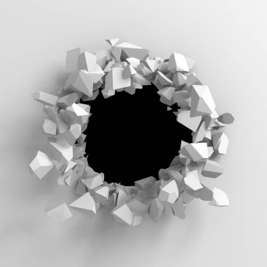 Karanlık imha beyaz taş duvarı kırık. 3D render illüstrasyon