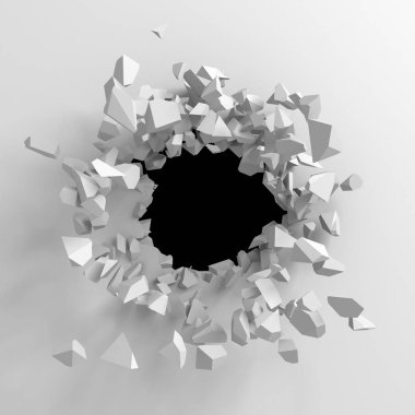Karanlık imha beyaz taş duvarı kırık. 3D render illüstrasyon