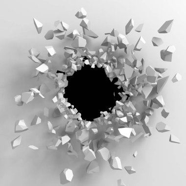Karanlık imha beyaz taş duvarı kırık. 3D render illüstrasyon
