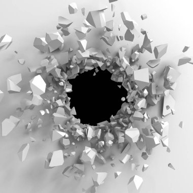 Karanlık imha beyaz taş duvarı kırık. 3D render illüstrasyon