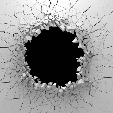 Karanlık imha beyaz taş duvarı kırık. 3D render illüstrasyon