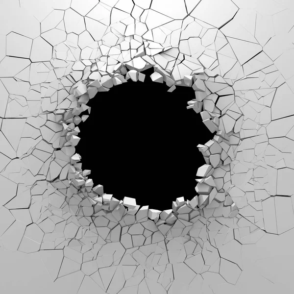 Dark destruction cracked hole in white stone wall. 3d render illustration