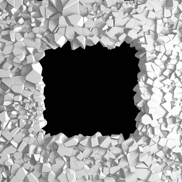 Dark destruction cracked hole in white stone wall. 3d render illustration