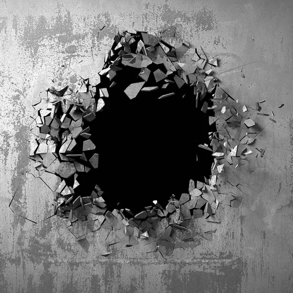 Dark cracked broken hole in concrete wall. Grunge background. 3d render illustration