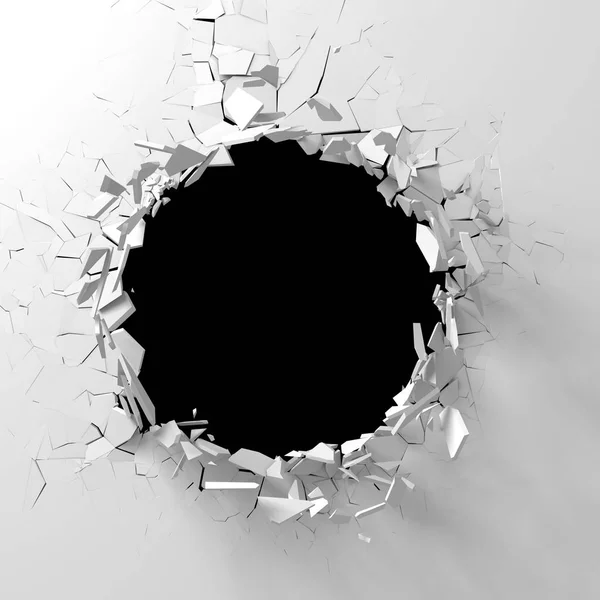 Dark destruction cracked hole in white stone wall. 3d render illustration