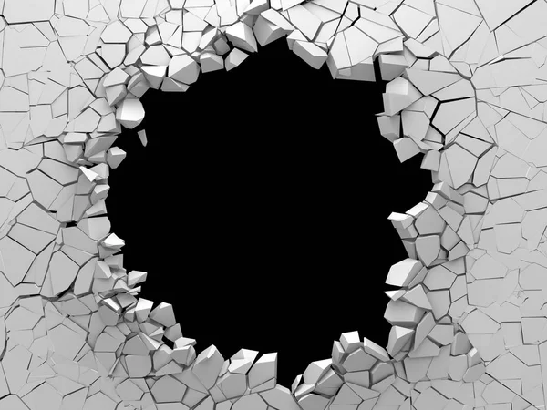 Dark destruction cracked hole in white stone wall. 3d render illustration