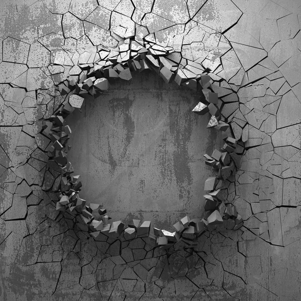 Dark cracked broken hole in concrete wall. Grunge background. 3d render illustration