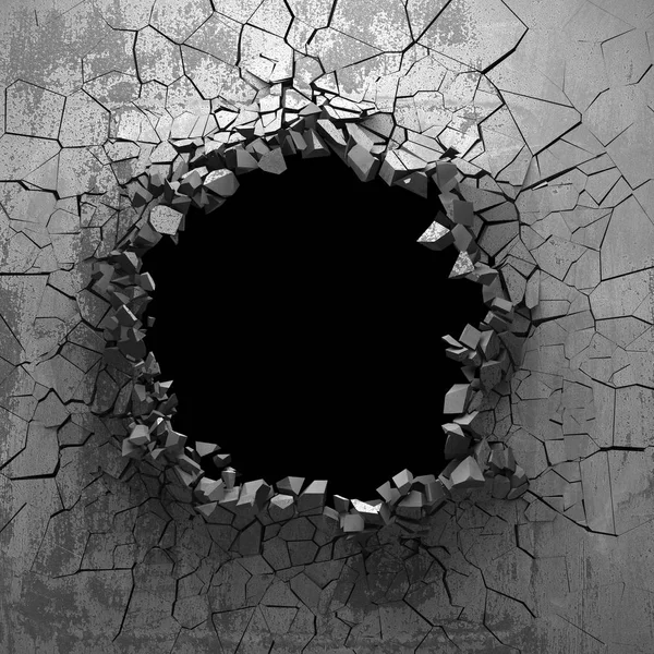 Dark cracked broken hole in concrete wall. Grunge background. 3d render illustration