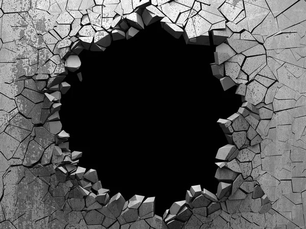 Karanlık kırık beton duvara delik kırık. Grunge arka plan. 3D render illüstrasyon