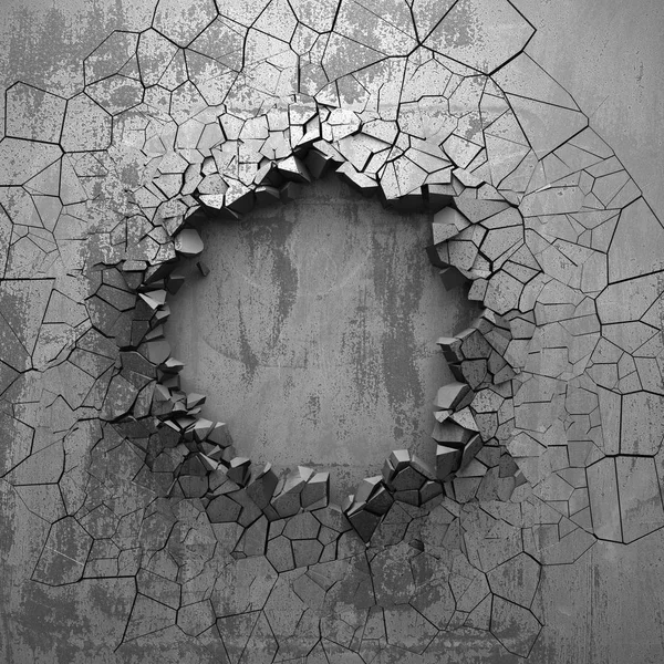 Dark cracked broken hole in concrete wall. Grunge background. 3d render illustration