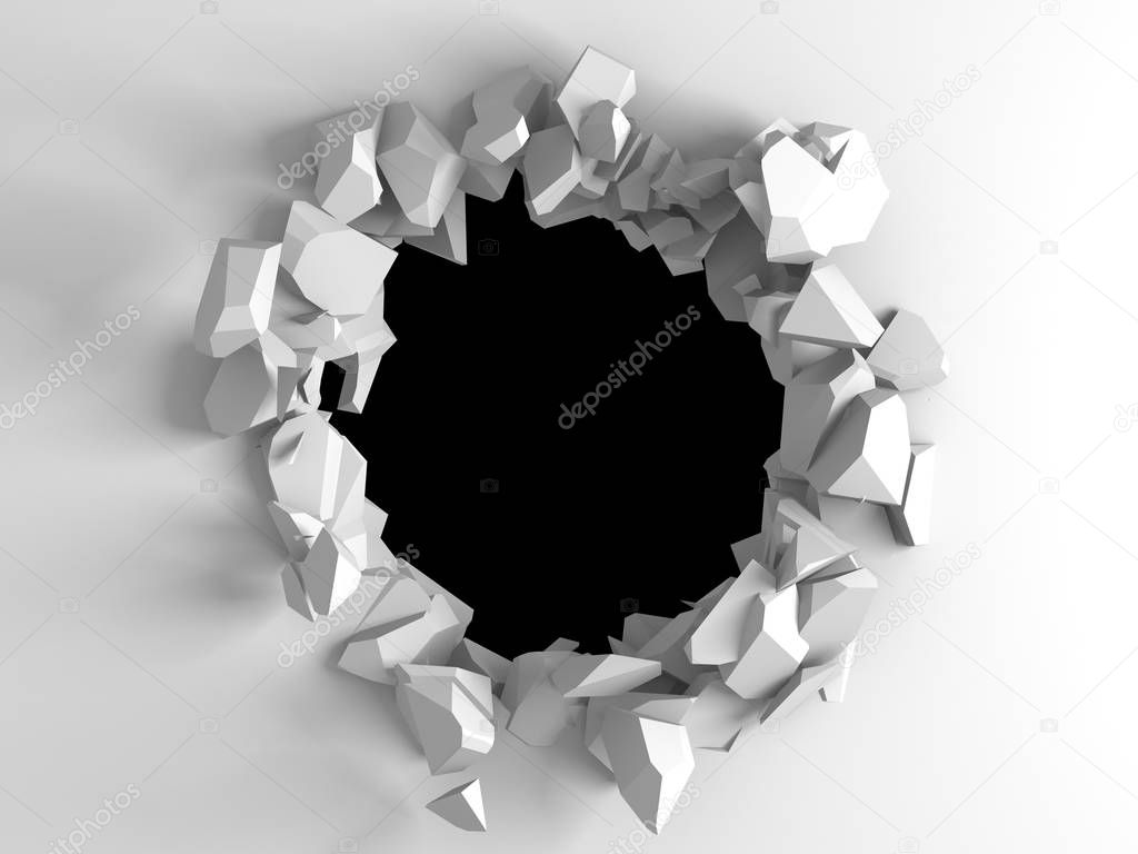 Dark destruction cracked hole in white stone wall. 3d render illustration