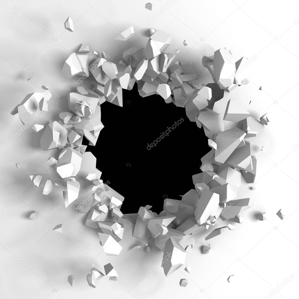 Dark destruction cracked hole in white stone wall. 3d render illustration