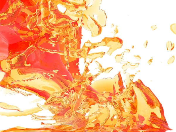 黄色オレンジ色の液体のスプラッシュは白い背景で隔離 レンダリング図 — ストック写真