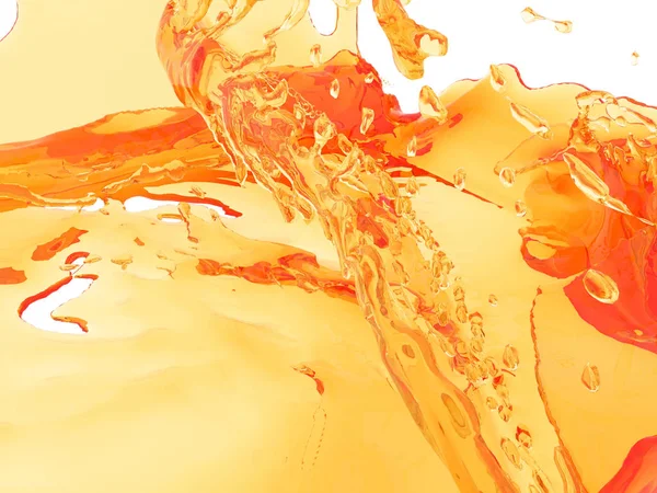 黄色オレンジ色の液体のスプラッシュは白い背景で隔離 レンダリング図 — ストック写真
