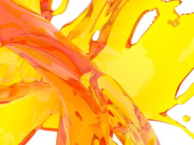 Beyaz arka plan üzerinde izole sarı turuncu sıvı sıçrama. 3D render illüstrasyon