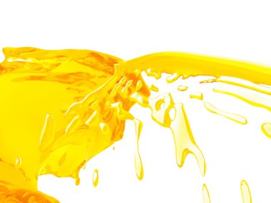 Beyaz arka plan üzerinde izole sarı turuncu sıvı sıçrama. 3D render illüstrasyon