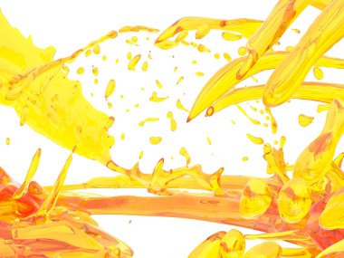 Beyaz arka plan üzerinde izole sarı turuncu sıvı sıçrama. 3D render illüstrasyon