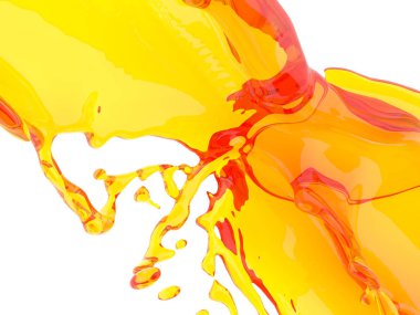 Beyaz arka plan üzerinde izole sarı turuncu sıvı sıçrama. 3D render illüstrasyon