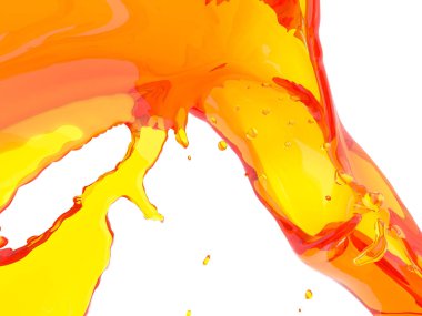 Beyaz arka plan üzerinde izole sarı turuncu sıvı sıçrama. 3D render illüstrasyon