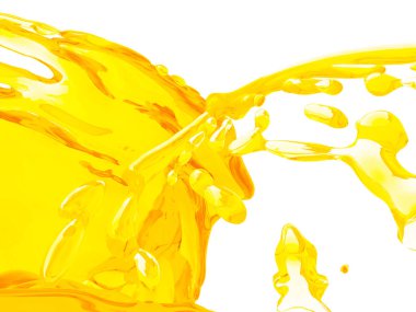 Beyaz arka plan üzerinde izole sarı turuncu sıvı sıçrama. 3D render illüstrasyon