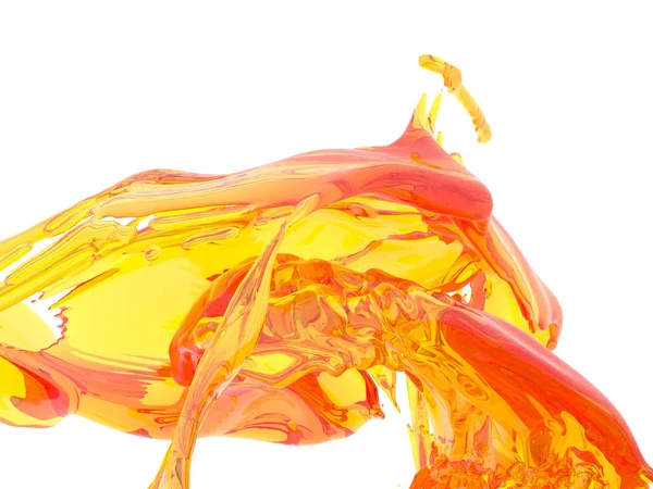 Beyaz arka plan üzerinde izole sarı turuncu sıvı sıçrama. 3D render illüstrasyon