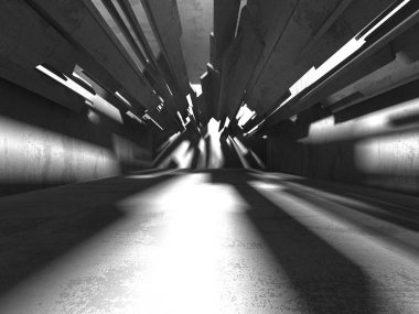 Karanlık Bodrum boş odası iç. Beton duvarlar. Mimari arka plan. 3D render illüstrasyon