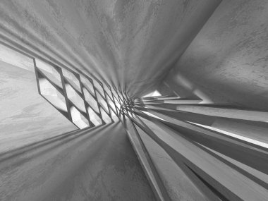 Beton duvarlar karanlık boş oda 3D çizimi işlemek mimari arka plan.