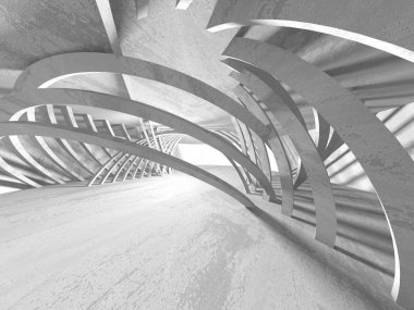 Beton duvarlar karanlık boş oda 3D çizimi işlemek mimari arka plan.