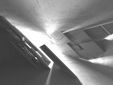 Karanlık beton boş oda. Modern mimari tasarım. Kentsel dokulu arka plan. 3D render illüstrasyon