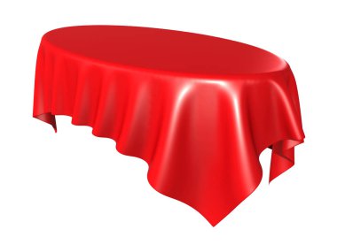 Kırmızı ipek zerafet masa örtüsü. Show Fuarı. Tasarım öğesi arka plan için. 3D render illüstrasyon