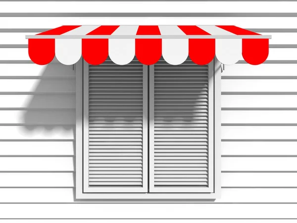 Red awning sunshade over closed window. Design mockup template. 3d render illustration