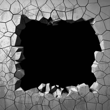 Dark cracked broken hole in concrete wall clipart